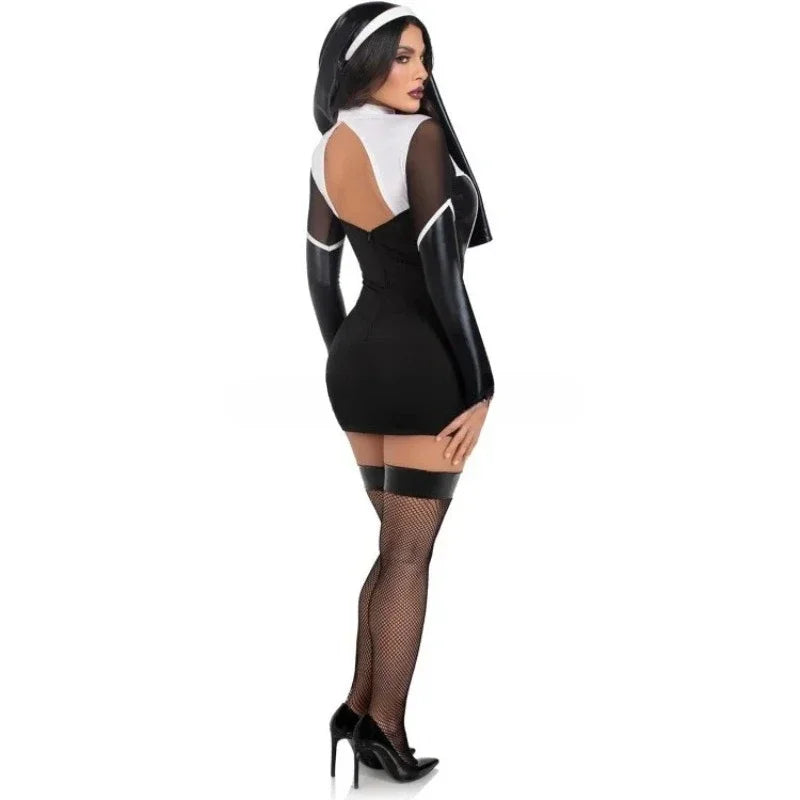 Women Halloween Nun Costume Sexy Black Pu Leather Hollow Nun Cosplay Outfit Tops with Skirts Carnival Party Rolepaly Dress Up
