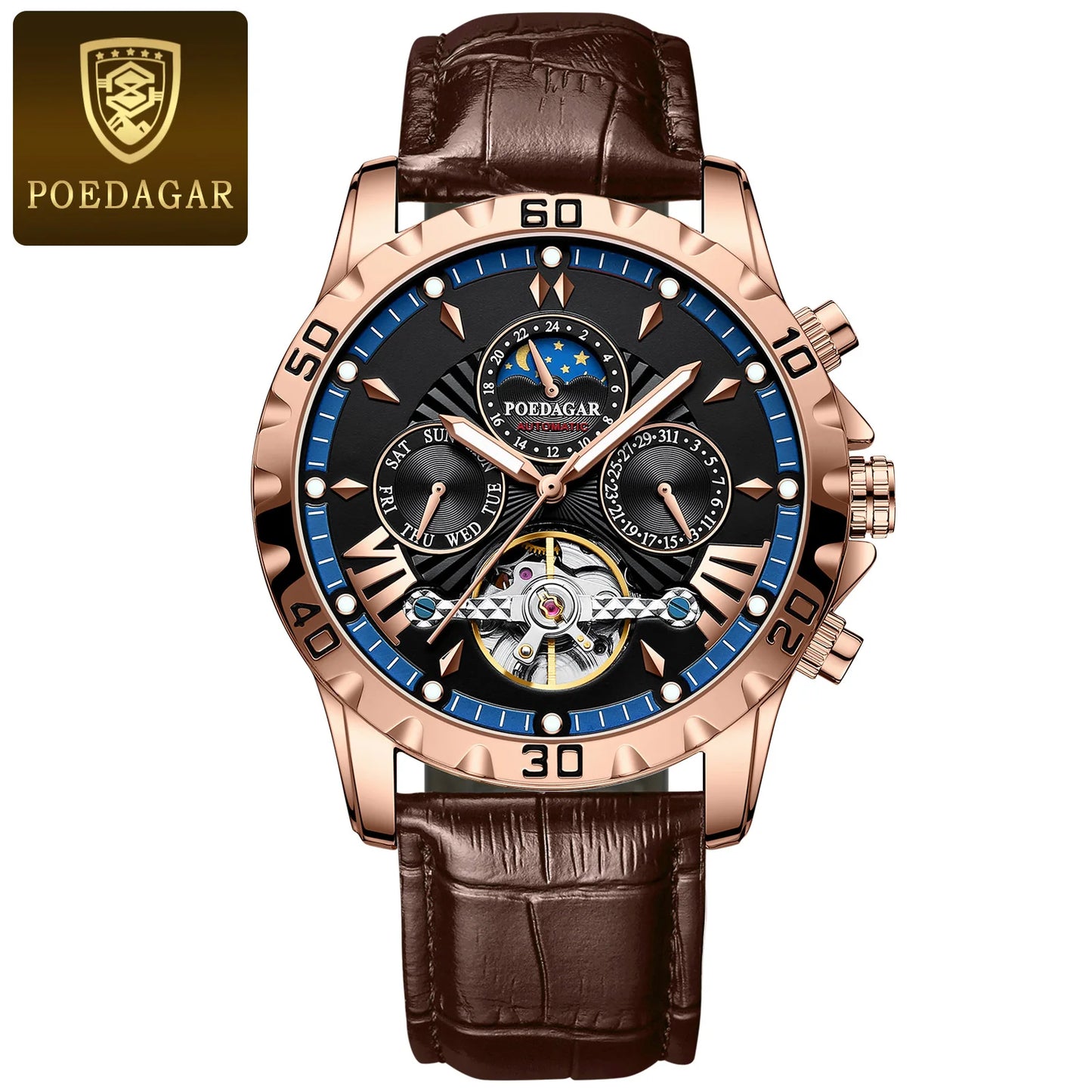 POEDAGAR Luxury Automatic Mechanical Wristwatch Waterproof Luminous Date Week Tourbillon Leather Men Watch Men's Fashion Watches