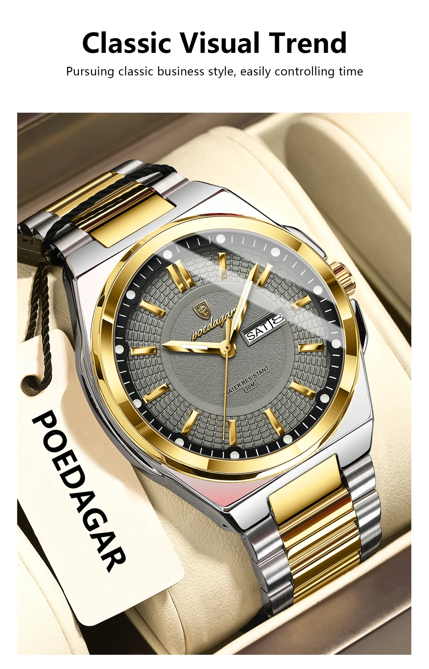 POEDAGAR Luxury Men's Wristwatch Stainless Steel Date Week Man Watch Waterproof Luminous Business Fashion Quartz Watches For Men