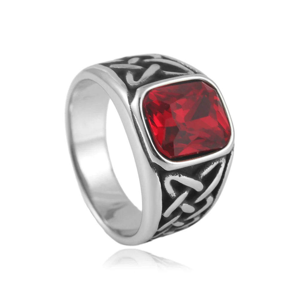 Punk Vintage Square Red Stone Signet Rings For Men Women Stainless Steel Nordic Vikings Knot Rune Ring Fashion Jewelry Wholesale