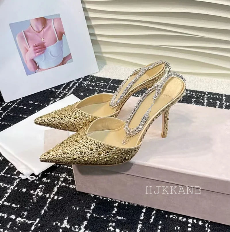 Pointed Toe Thin High Heel Pumps Women Ankle Strap Crystal Single Shoes Bling Rhinestone Sandals Sexy Spring Party Dress Shoes