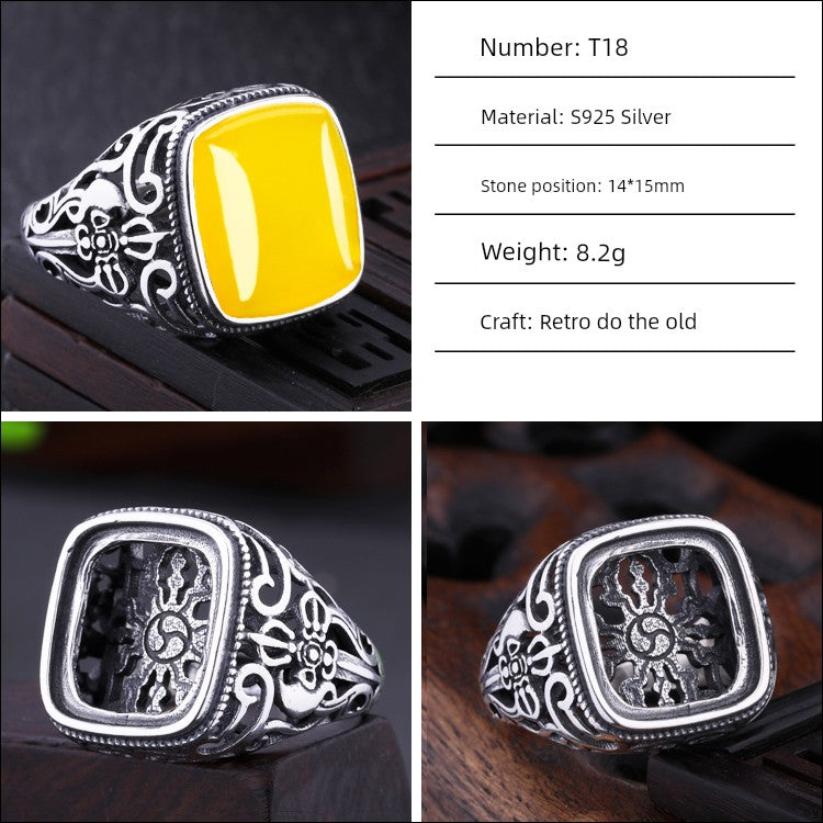 S925 Sterling Silver Ring Frame DIY Inlaid Beeswax Turquoise Amber South Red Ring Gem Opening Men Square Ring Setting