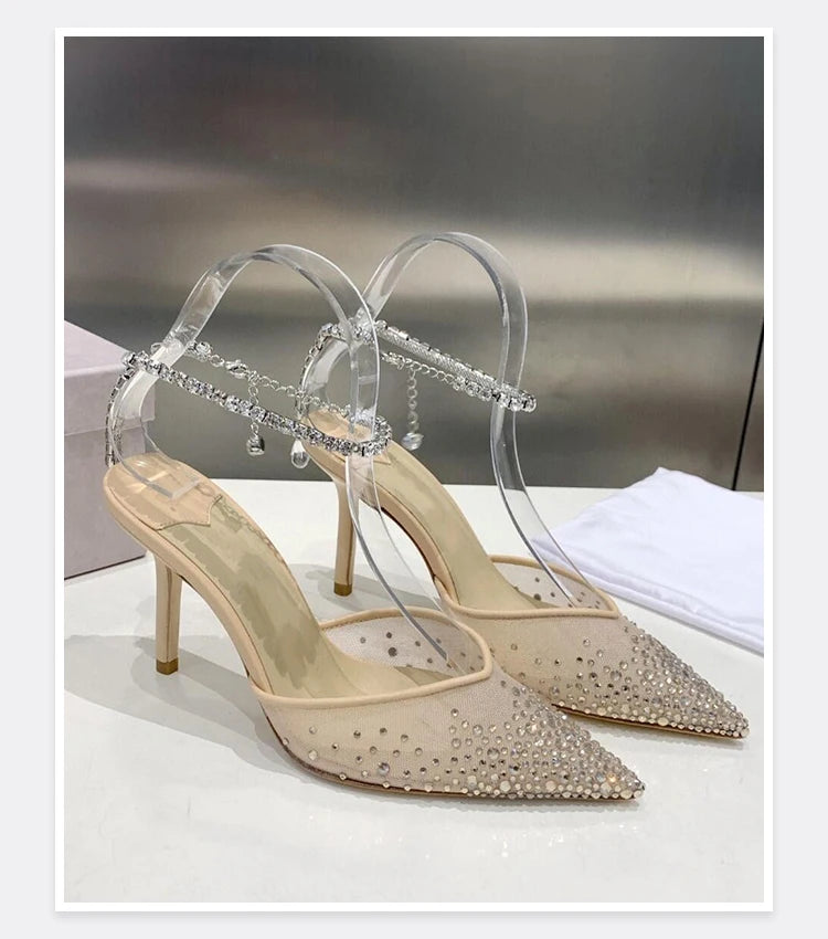 2025 New Mesh Hot Drilled Sexy Versatile Pointed Shallow Mouth Water Diamond Chain High Heels Baotou Sandals for Women