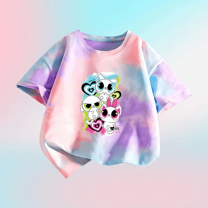 Kawaii Super Kitties Children T-shirt Tops Baby Cute Cat Short Sleeve Casual Clothes Girl Kids Tie Dye Tops Clothing Shirts Gift