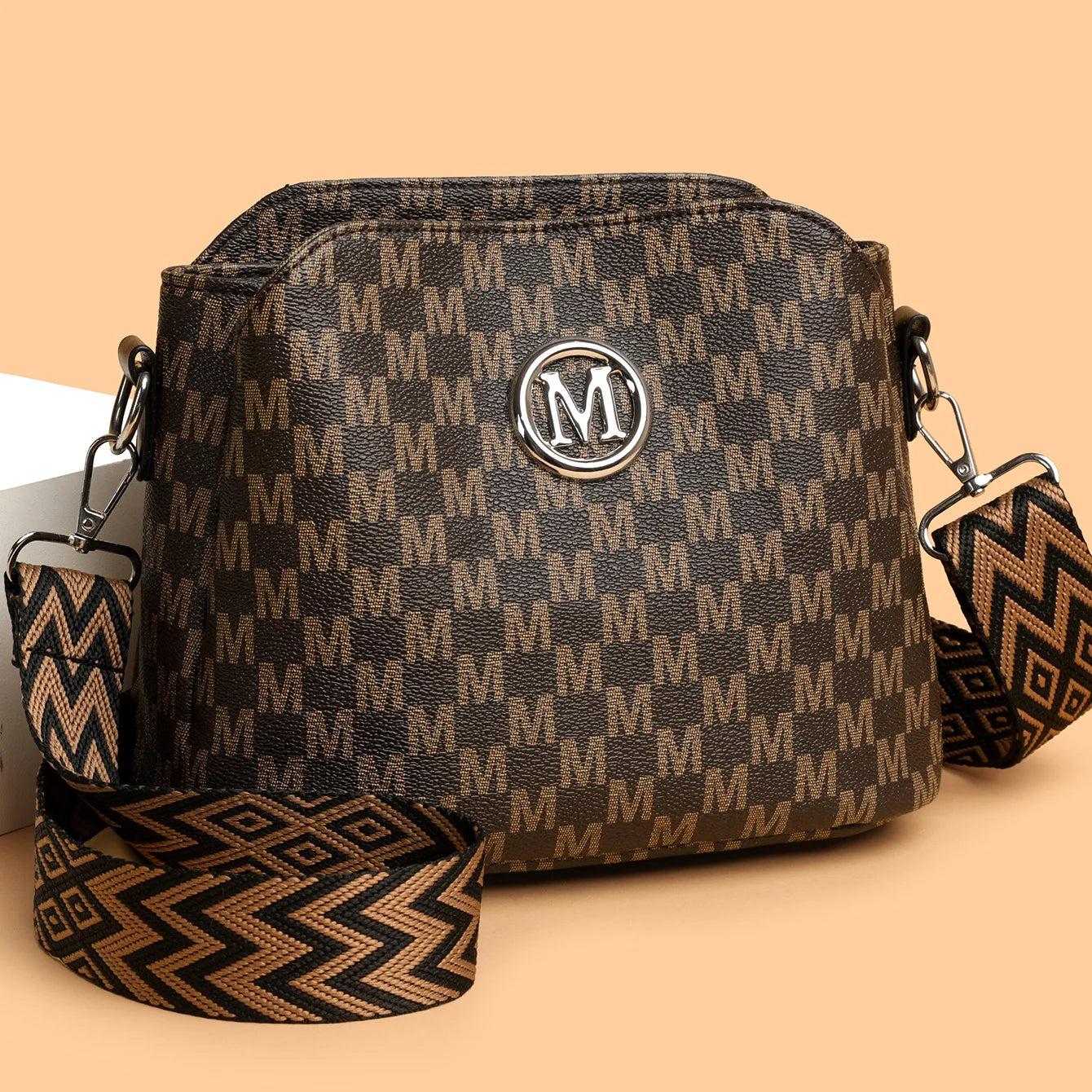 Synthetic Faux Leather Shoulder Bag For Women Retro Crossbody Bag with Golden "M" Monogram, Purse Work, Travel, Parties & Gifts