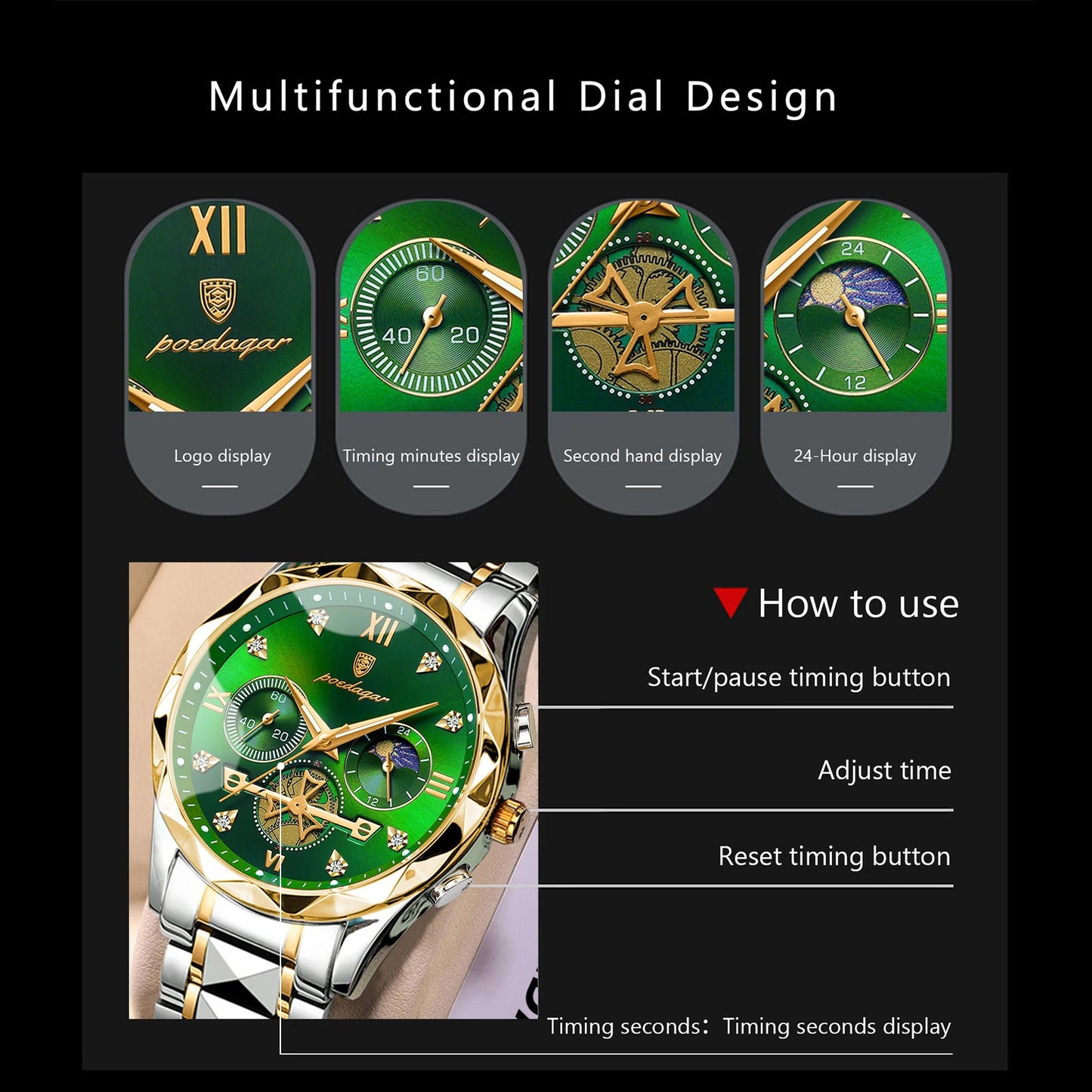 POEDAGAR Top Trendy Men Wristwatch Stainless Steel Chronograph Man Watch Waterproof Luminous Business Men's Quartz Watches Reloj