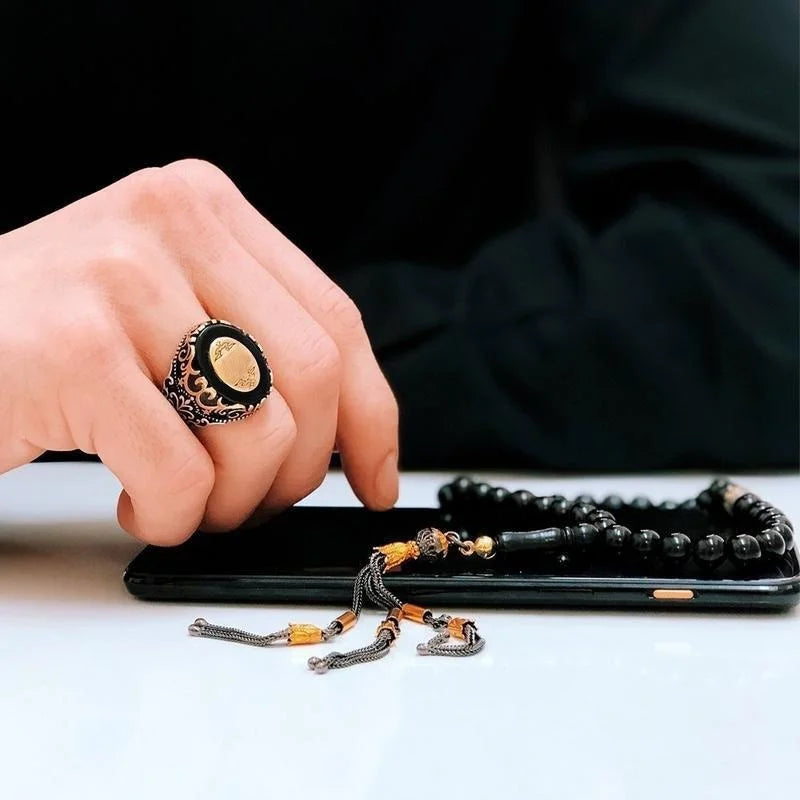 Vintage Hand Engraved Pattern Turkish Signet Ring for Men Fashion Set Green Stone Seal Islamic Muslim Jewelry