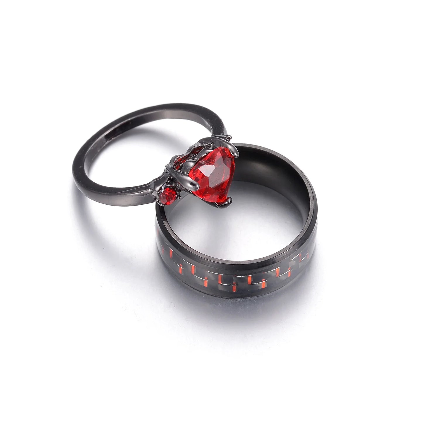 MeMolissa 2pcs Stainless Steel Red Crystal Ring Set For Men Women New Fashion Couple Rings Jewelry Gifts