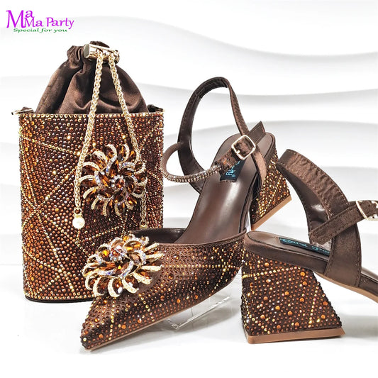 2025 New Fashion African Design Shoes and Bag Set to Match in Coffee Color Mature Ladies Pointed Toe Pumps for Wedding