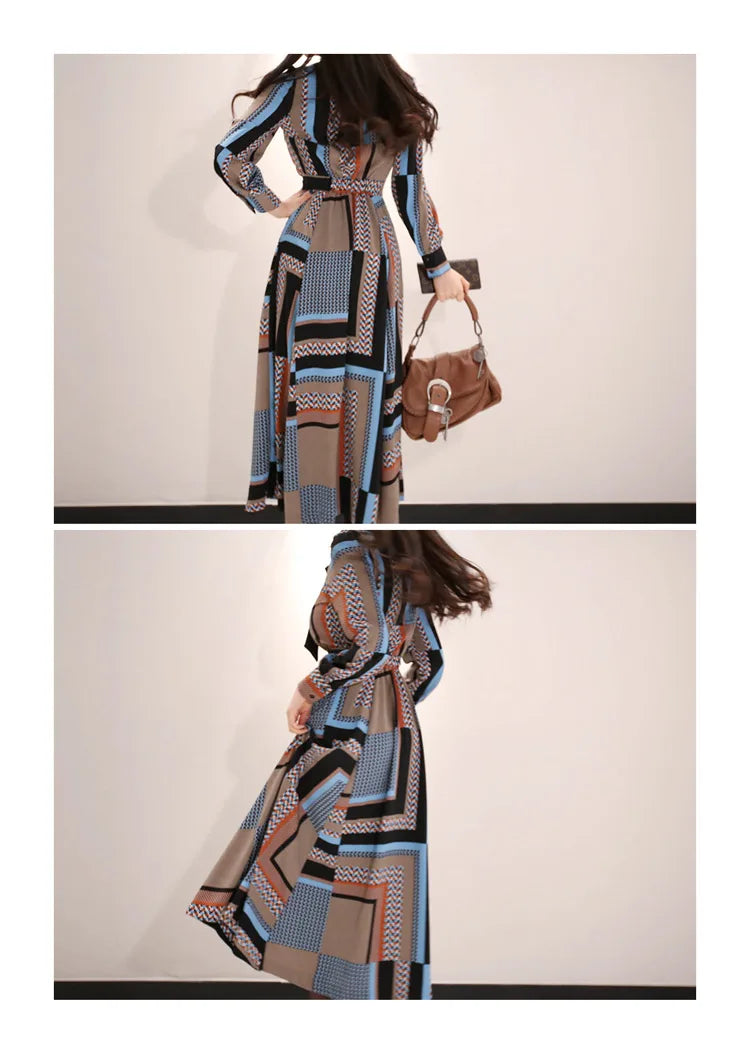 H Han Queen Vintage Print Elegant Long Dress Women Spring Single-breasted Shirt Dresses Waist Swing Ankle-length Vestidos