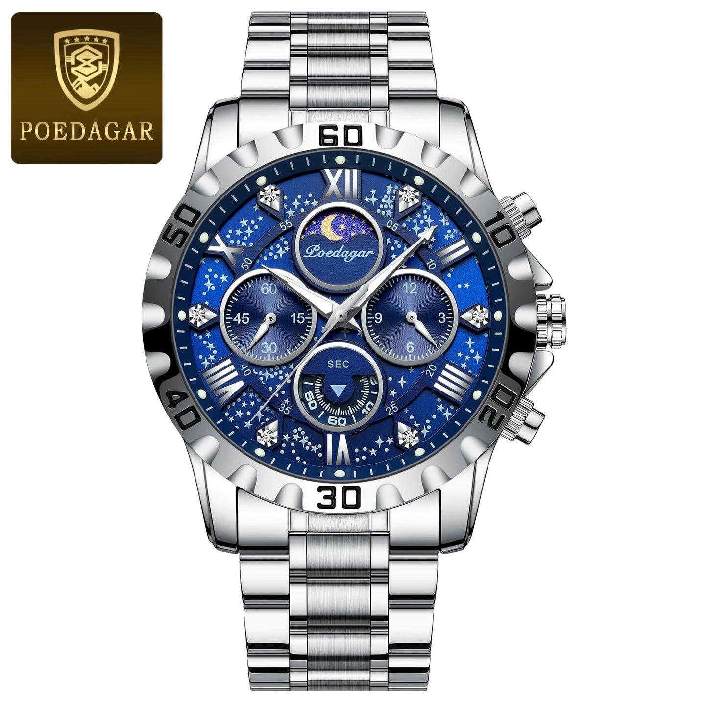 POEDAGAR Luxury Military Watches For Men Stainless Steel Quartz Waterproof Luminous Man Watch Chronograph Sport Men's Wristwatch