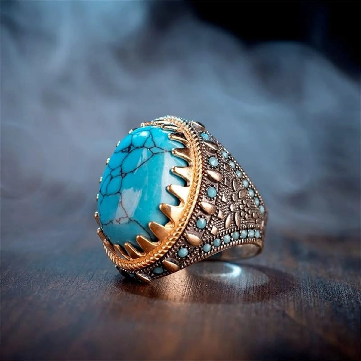 Retro Handmade Turkish Signet Ring Vintage Men's Ancient Metal Turquoise Zircon Rings Men Wedding Party Punk Motor Biker Jewelry