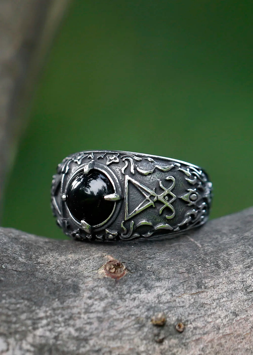Men's Lucifer Satan Signet Ring With Black Stone Stainless Steel Vintage Jewelry Size 7