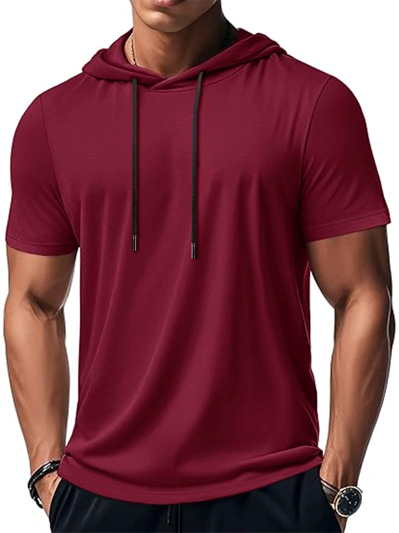 New Mens Short Sleeve Loose T-shirt Multi Solid Color Lightweight Hoodie Fitness Breathable Collar Tops Summer Hooded Sweatwear