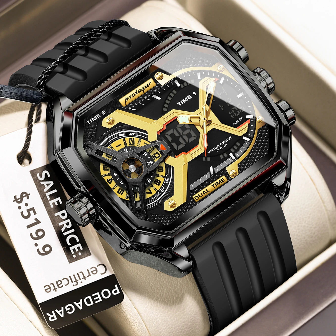 POEDAGAR Top Luxury Men Clock Date Week Luminous LED Man Watch Silicone Strap Electronic Dual Time Fashion Men's Quartz Watches