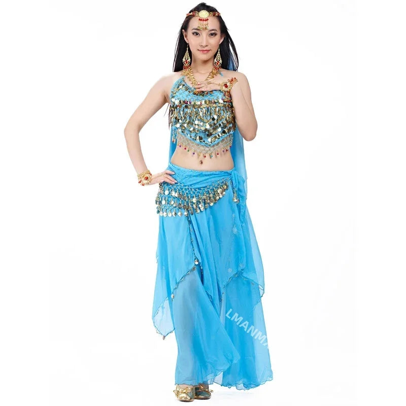 Indian Costume Set 4-pieces Belly Dance Veil Top Coins Hip Scarf Skirt Belly Dance Costume Women