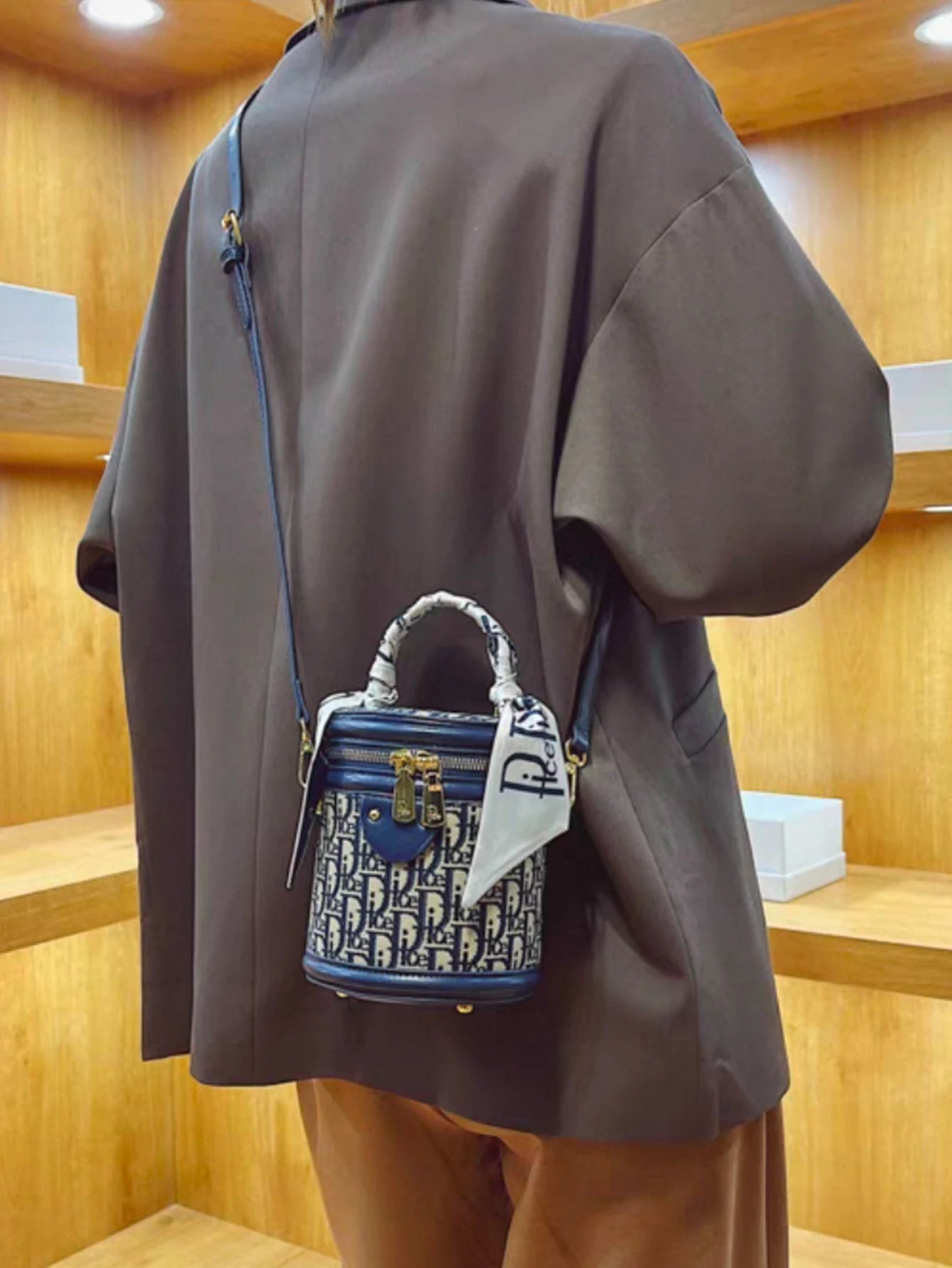 Lightweight Fabric Shoulder Bag, Blue/Black Letter Design, Detachable Strap & Scarf, Casual/Travel Bag for Women