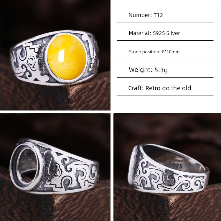 S925 Sterling Silver Ring Frame DIY Inlaid Beeswax Turquoise Amber South Red Ring Gem Opening Men Square Ring Setting