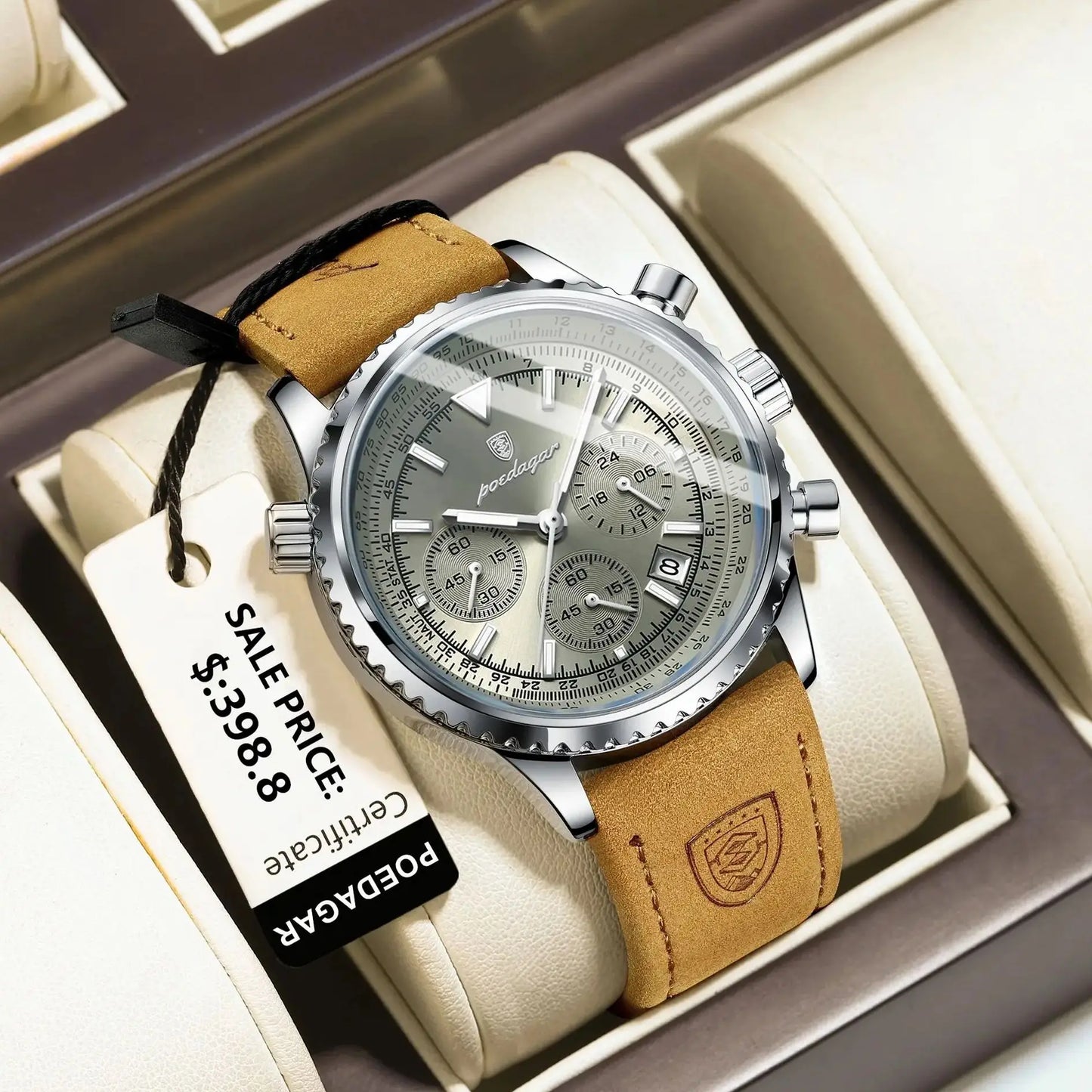 POEDAGAR Fashion High Quality Men Clock Chronograph Waterproof Luminous Calendar Man Wristwatch Leather Quartz Men's Watches+Box