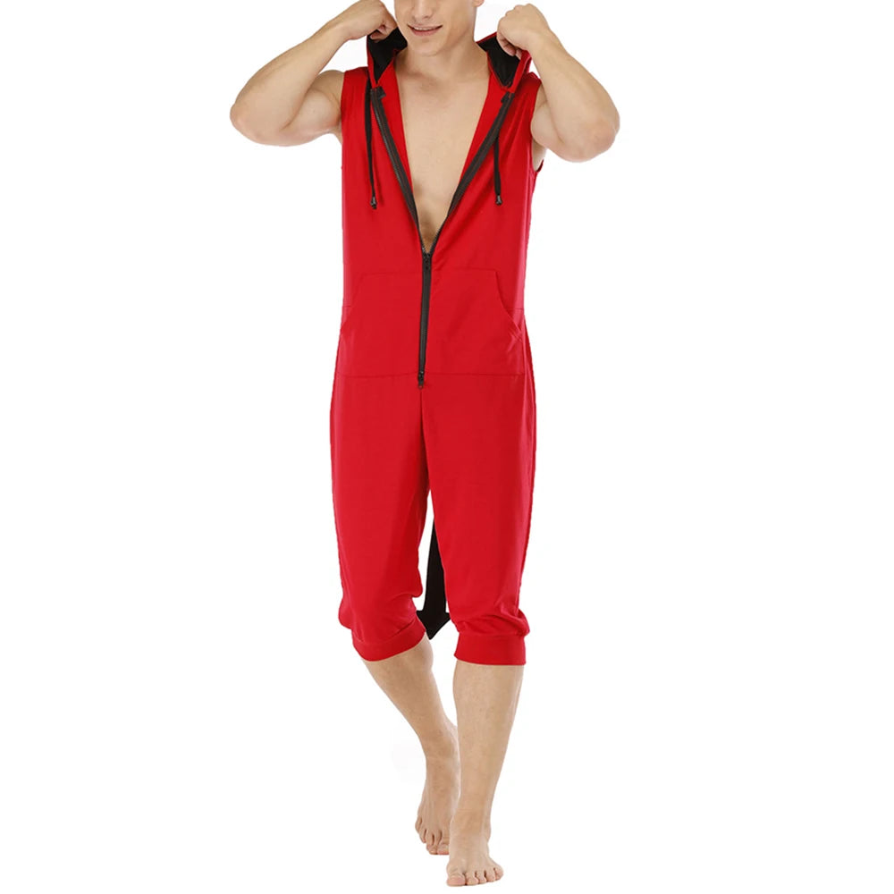 Men Short Sleeve Jumpsuit Sweatshirt Male Hoodies Zipper Overalls Bodysuit Rompers Short Pant Casual Home Wear Tracksuit Pajamas