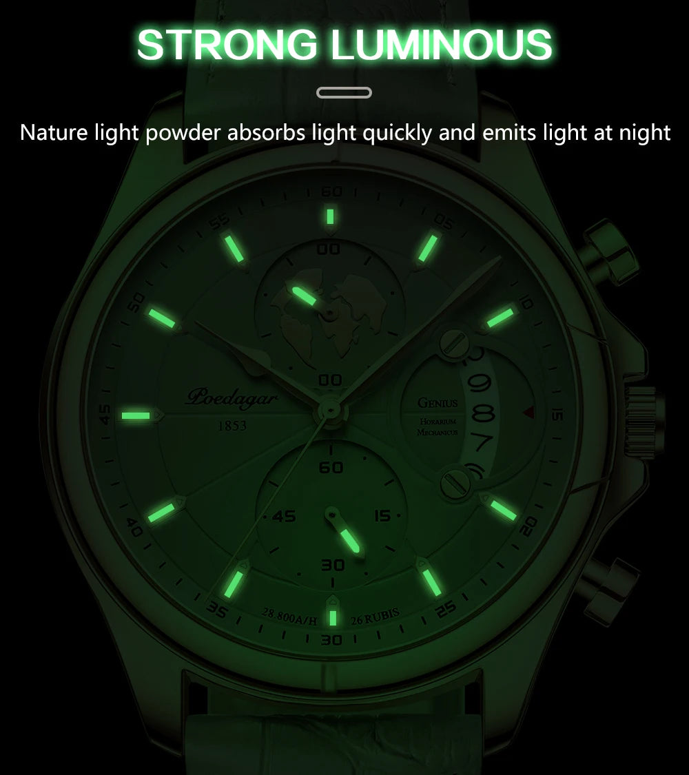 POEDAGAR Luxury Watches For Men Chronograph Date Waterproof Luminous Man Watch Leather Quartz Business Men's Watch with Box Gift