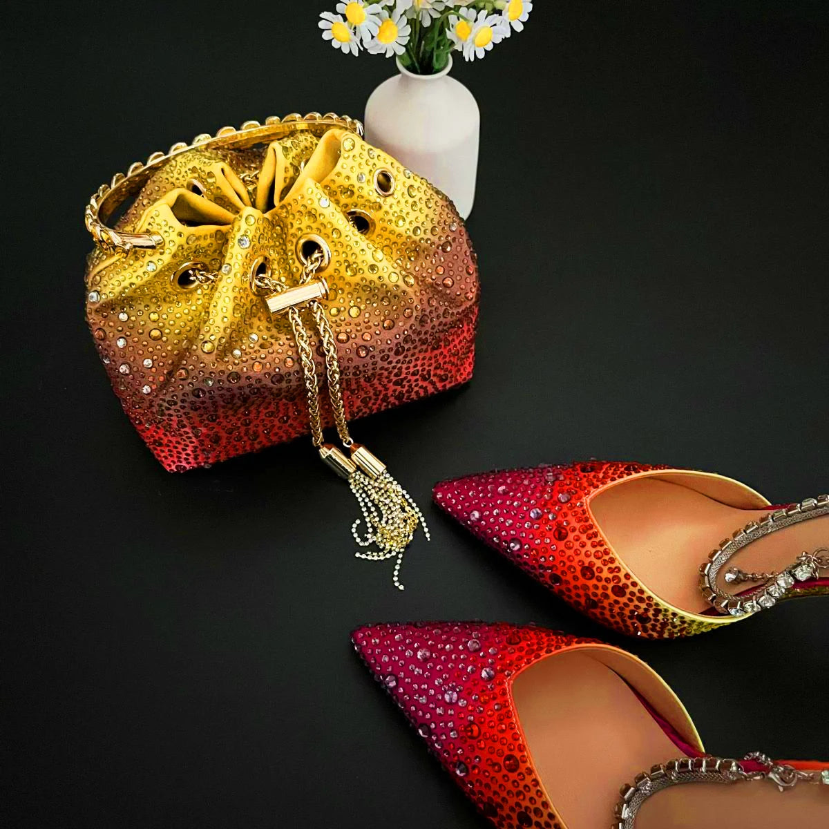 CHMURY Pointed Toe Rhinestone Heels and bag Set for Women Luxury Wedding Party
