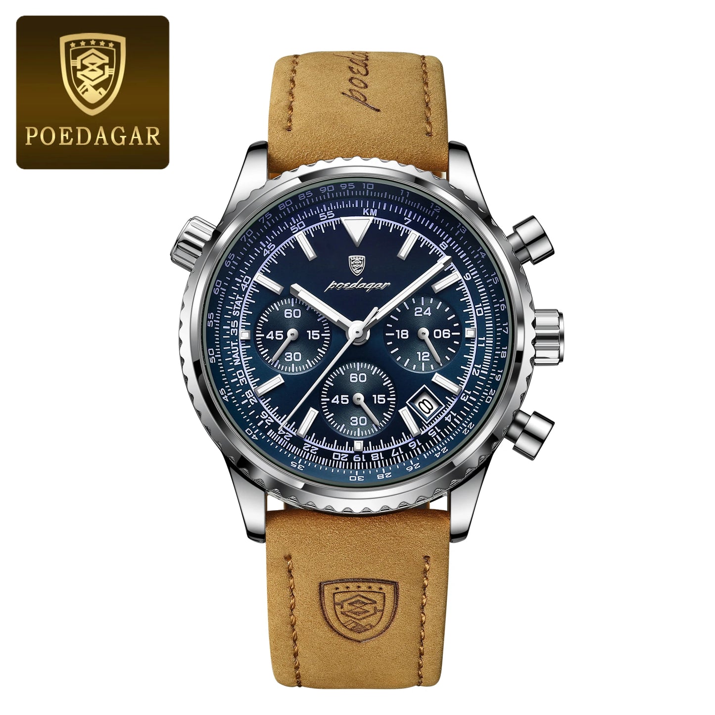 POEDAGAR Fashion High Quality Men Clock Chronograph Waterproof Luminous Calendar Man Wristwatch Leather Quartz Men's Watches+Box