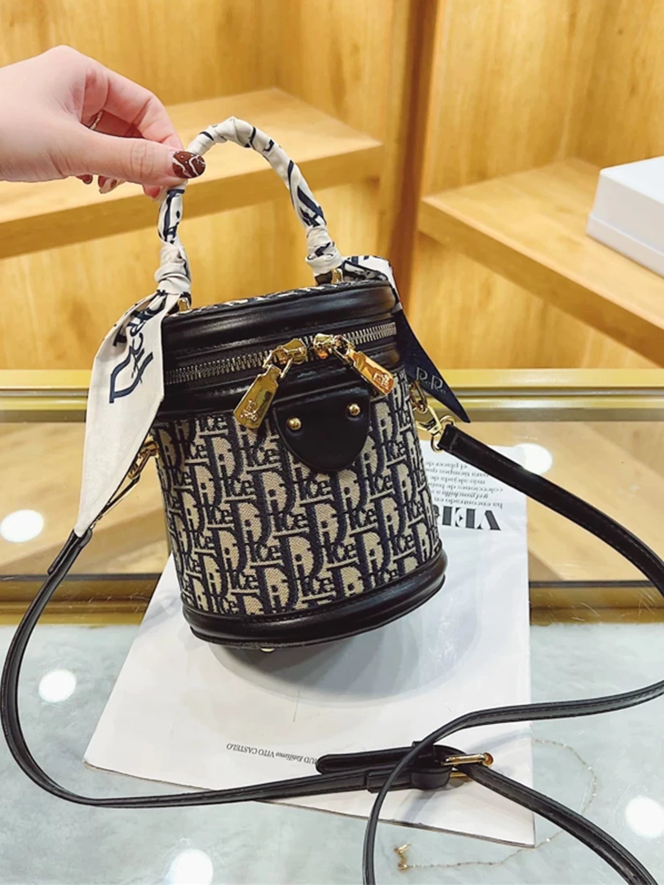 Lightweight Fabric Shoulder Bag, Blue/Black Letter Design, Detachable Strap & Scarf, Casual/Travel Bag for Women