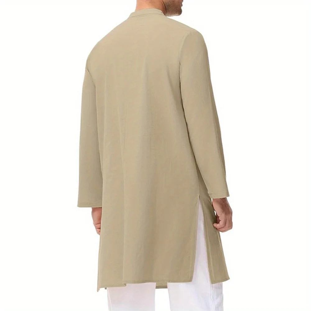 Inheritance of Ethnic Culture! Men's Long-Sleeve Thobe with Side Slits and Buttons, Classic Style of Traditional Ethnic Clothing
