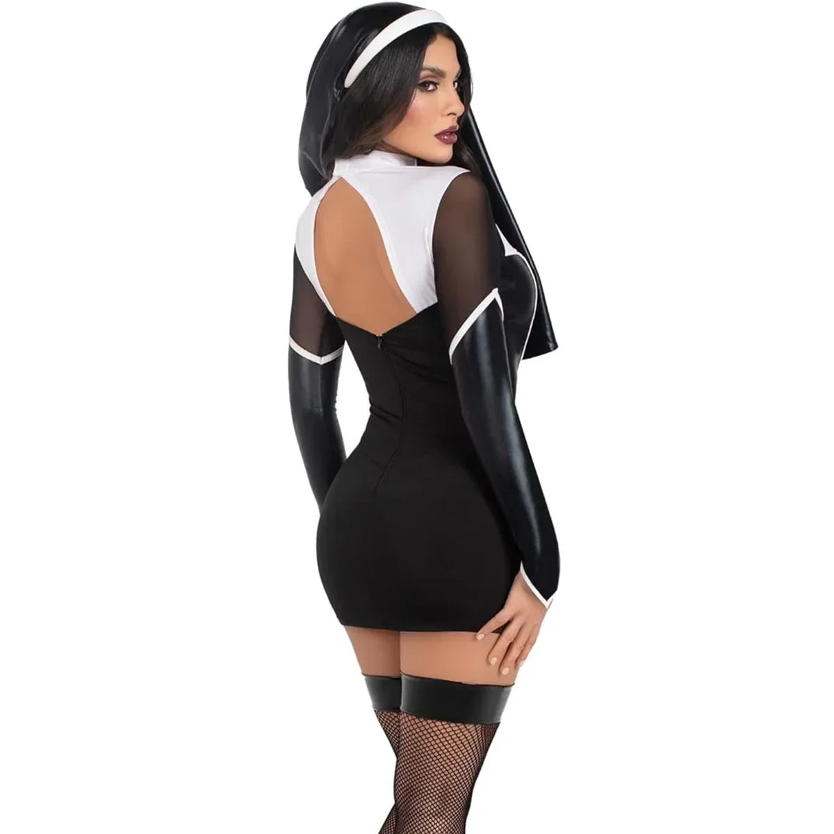 Women Halloween Nun Costume Sexy Black Pu Leather Hollow Nun Cosplay Outfit Tops with Skirts Carnival Party Rolepaly Dress Up