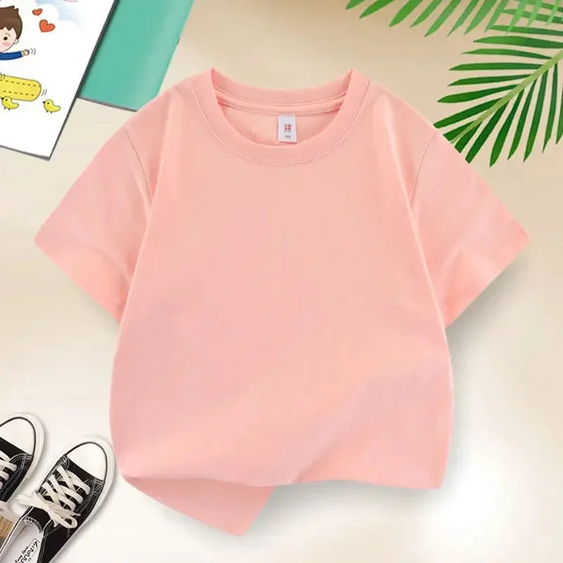 Kids T-shirt Summer Cotton Top Boys Girls Solid Color Blank T-shirt O Neck Round Neck Short Sleeve Pair of White Top T-shirt