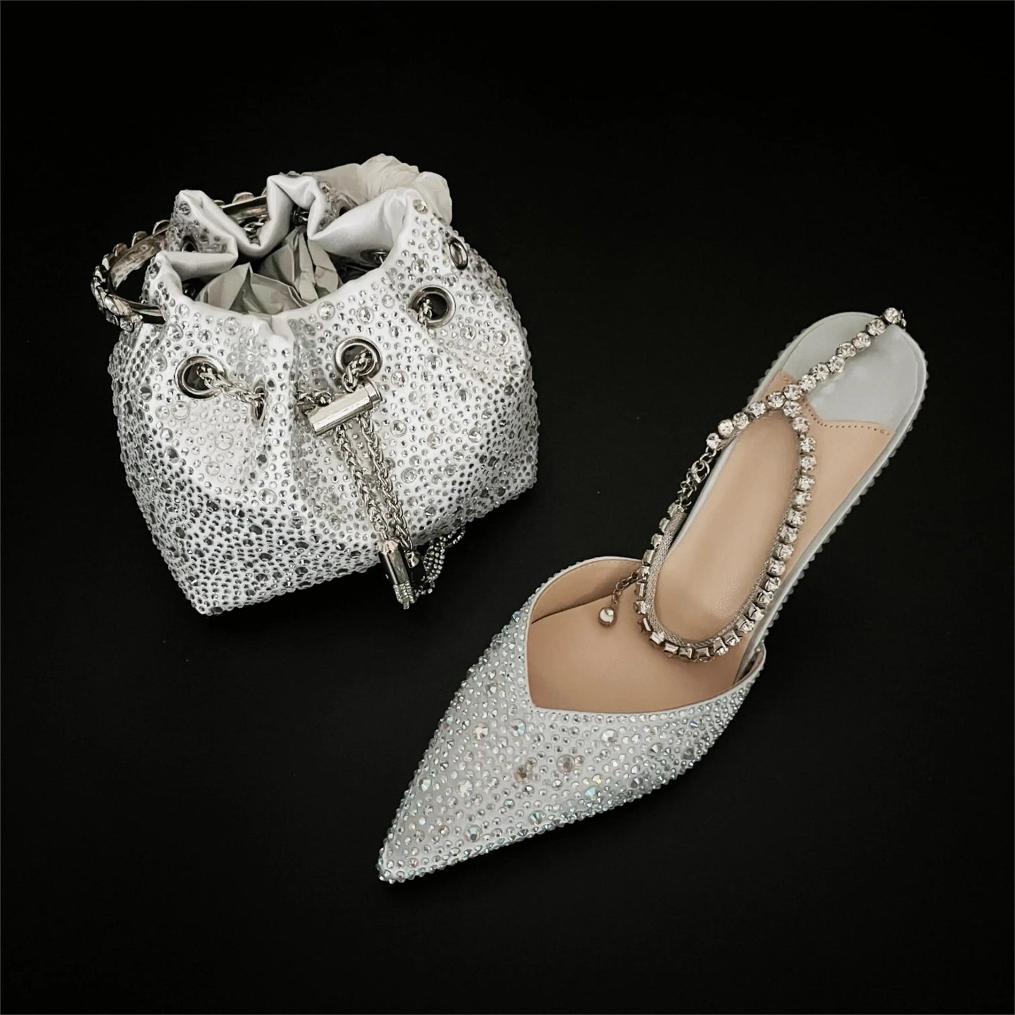 CHMURY Pointed Toe Rhinestone Heels and bag Set for Women Luxury Wedding Party