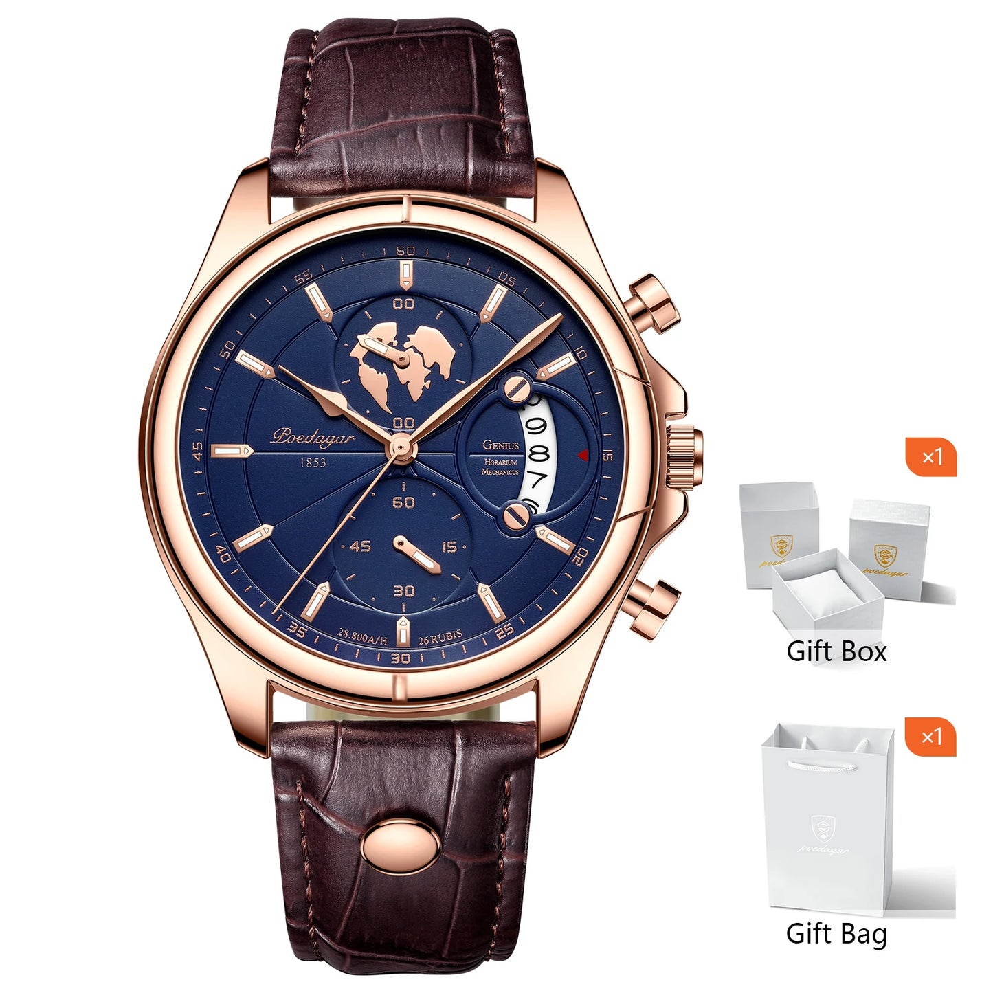 POEDAGAR Luxury Watches For Men Chronograph Date Waterproof Luminous Man Watch Leather Quartz Business Men's Watch with Box Gift