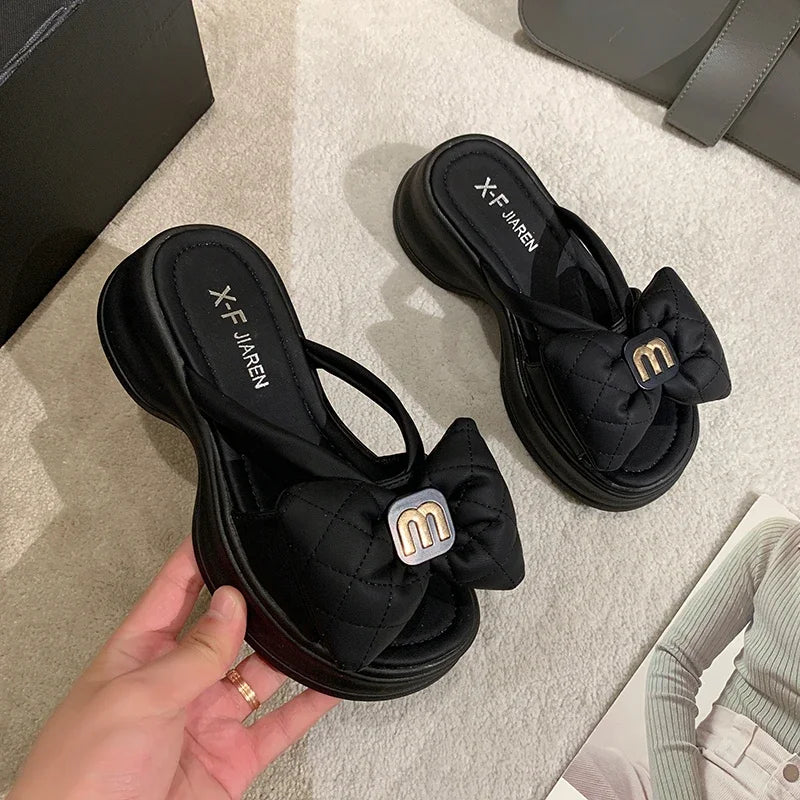 Women's Sandals New Korean Edition Casual Beach Shoes Versatile Thick Sole Shoes Bow Slippers Women's Outwear Summer