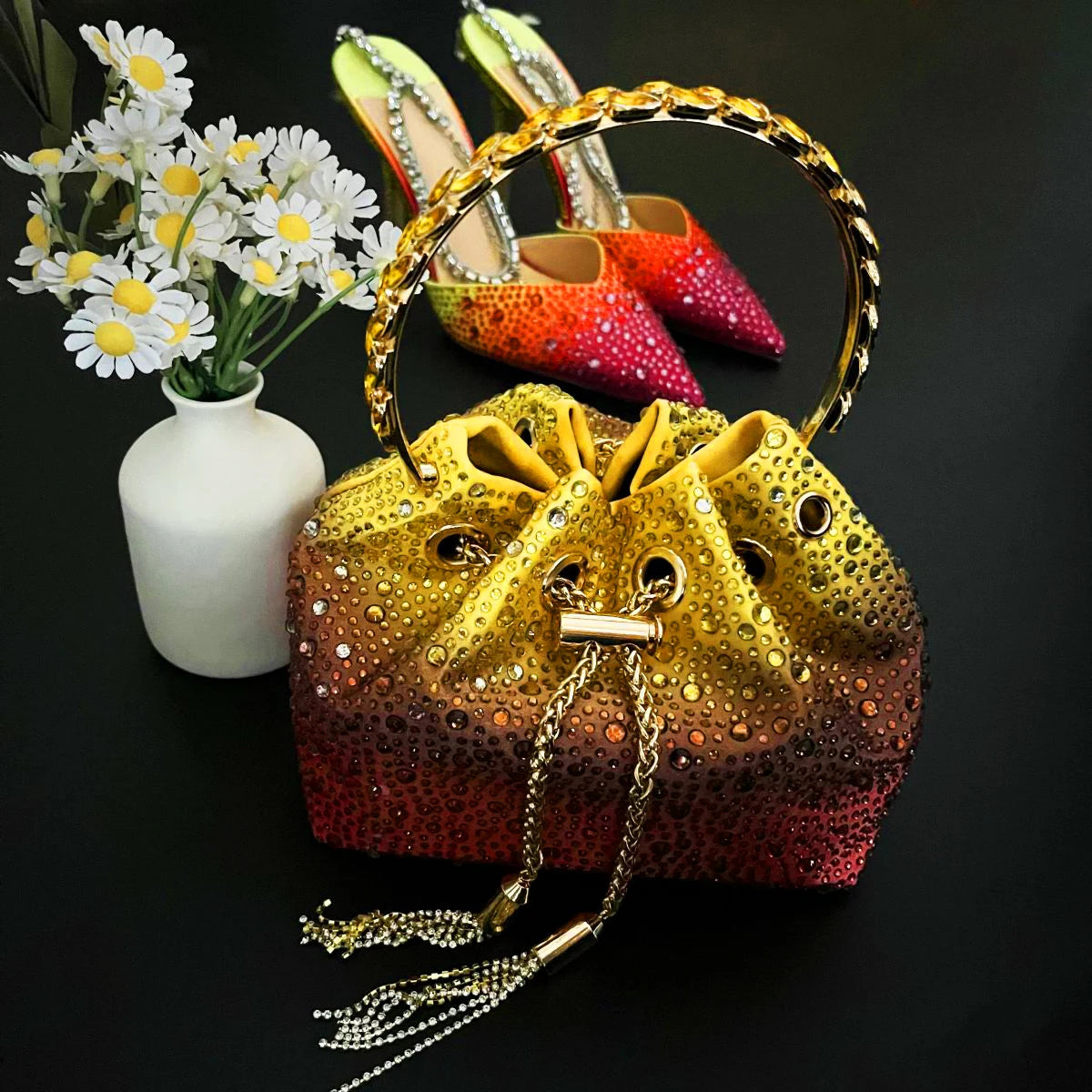 CHMURY Pointed Toe Rhinestone Heels and bag Set for Women Luxury Wedding Party