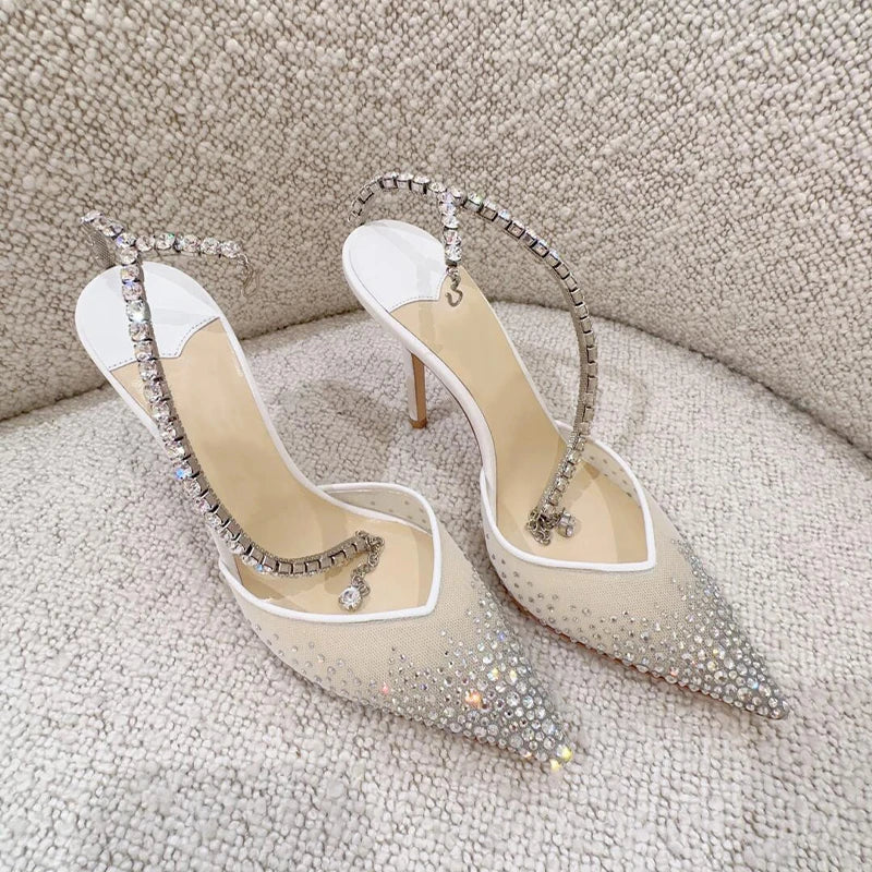 2025 New Mesh Hot Drilled Sexy Versatile Pointed Shallow Mouth Water Diamond Chain High Heels Baotou Sandals for Women