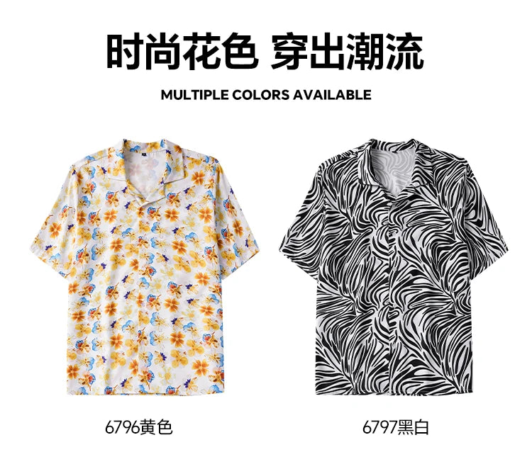 Men Loose Short Sleeve Shirt Trendy Printed Shirt Jacket