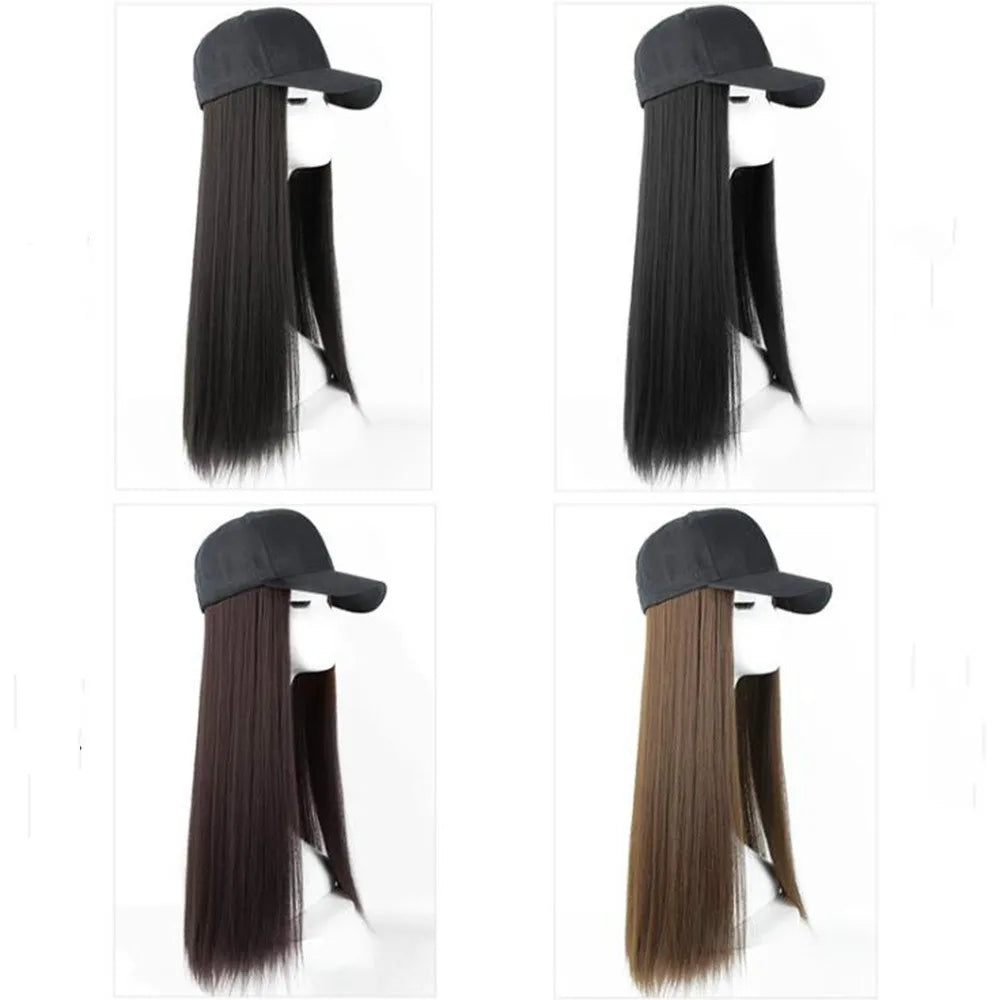 Long Straight Hat Wig Natural Brown Wigs Connect Synthetic Synthetic Baseball Cap Hair Wig Hat Wig Adjustable for Women