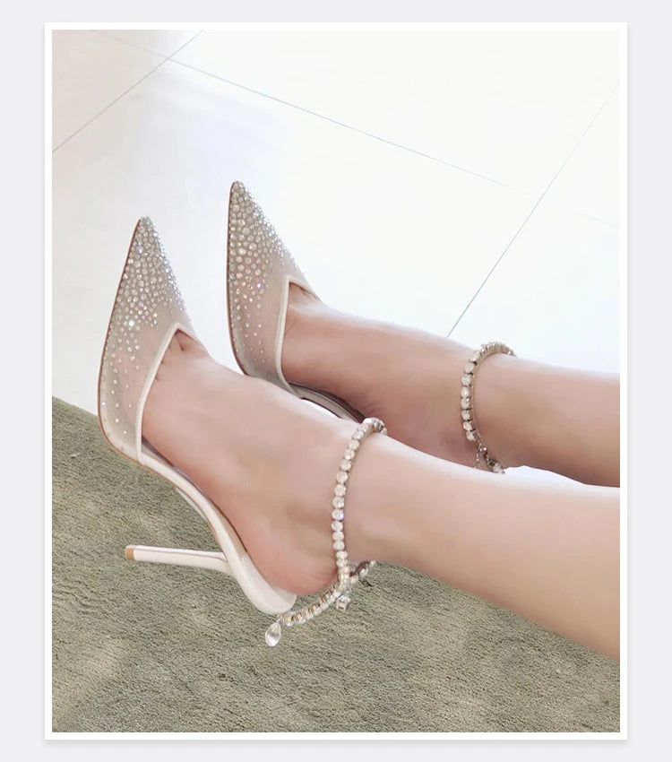 2025 New Mesh Hot Drilled Sexy Versatile Pointed Shallow Mouth Water Diamond Chain High Heels Baotou Sandals for Women
