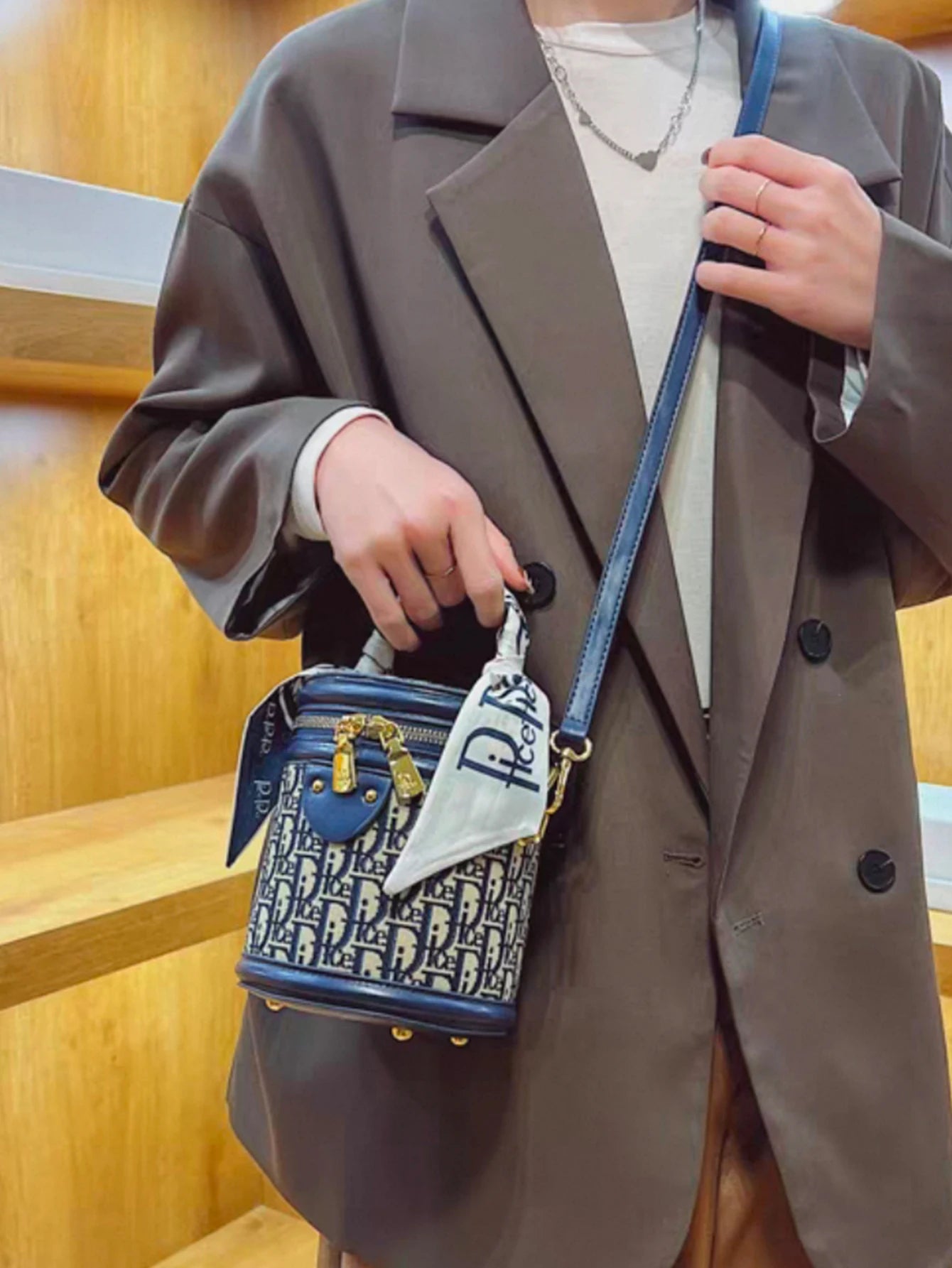 Lightweight Fabric Shoulder Bag, Blue/Black Letter Design, Detachable Strap & Scarf, Casual/Travel Bag for Women