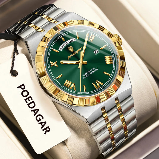 POEDAGAR Original Men's Watch Luminous Waterproof Week Date Man Wristwatch Stainless Steel Business Quartz Watches For Men Reloj