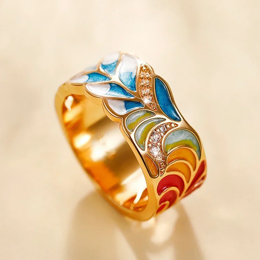 Huitan Newly Designed Colored Enamel Women Rings for Party Aesthetic Pattern  Luxury Gold Color  Fancy Gift Fashion Jewelry