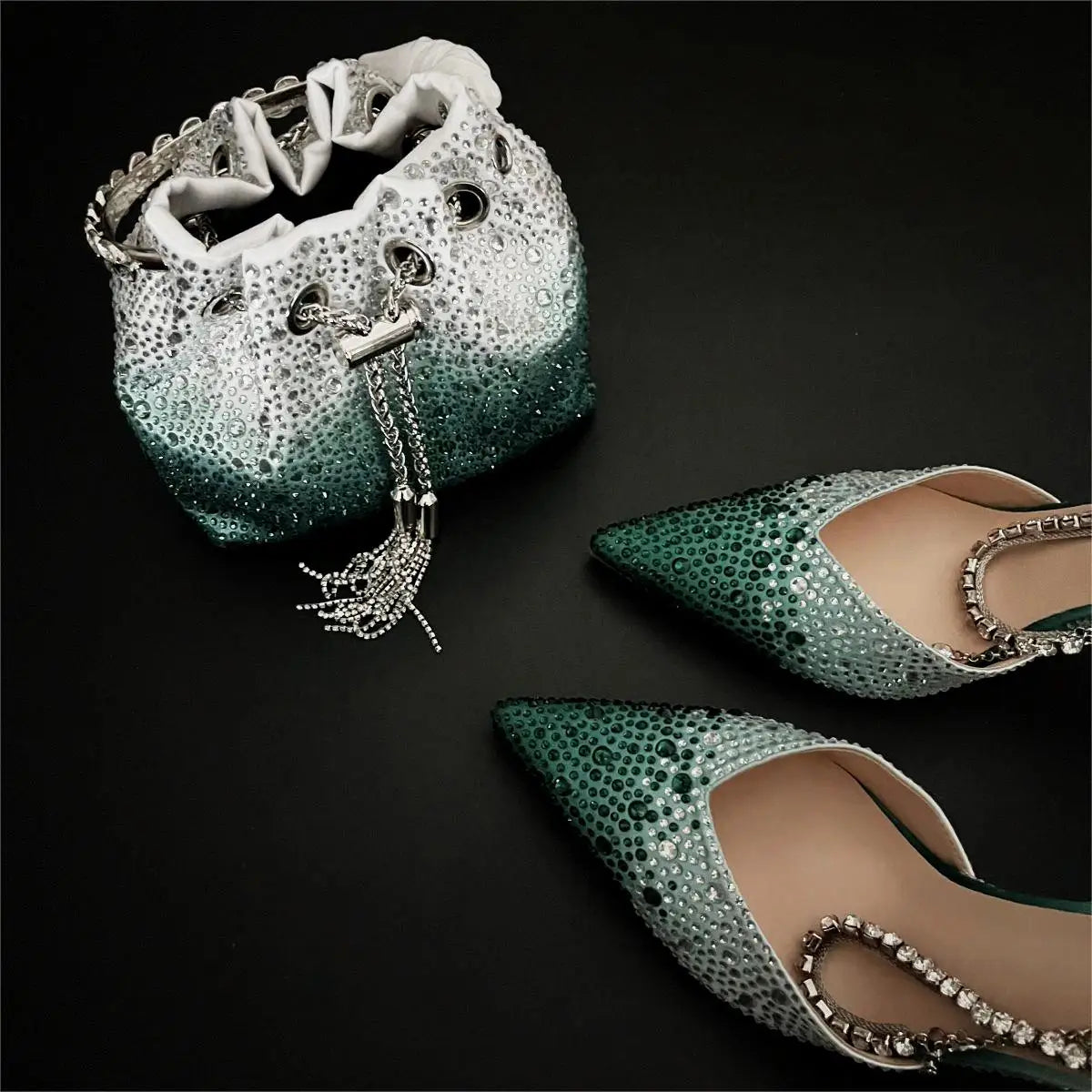 CHMURY Pointed Toe Rhinestone Heels and bag Set for Women Luxury Wedding Party