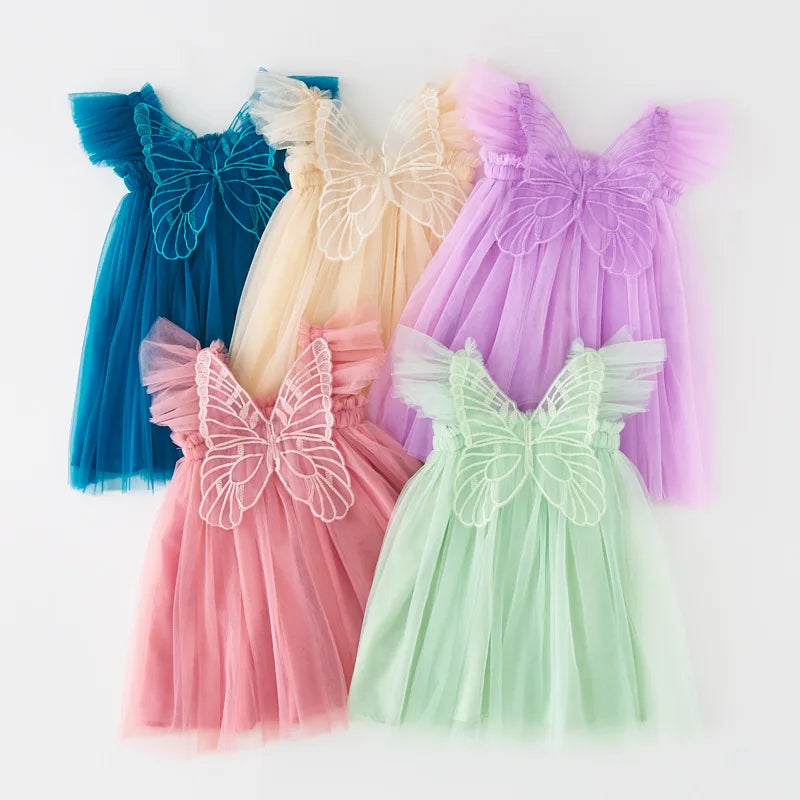Children's Girl Dresses With Butterfly Wing Fashion Kids Tulle Dress For Girls 2-8Y Summer New Sleeveless Mesh Princess Clothes