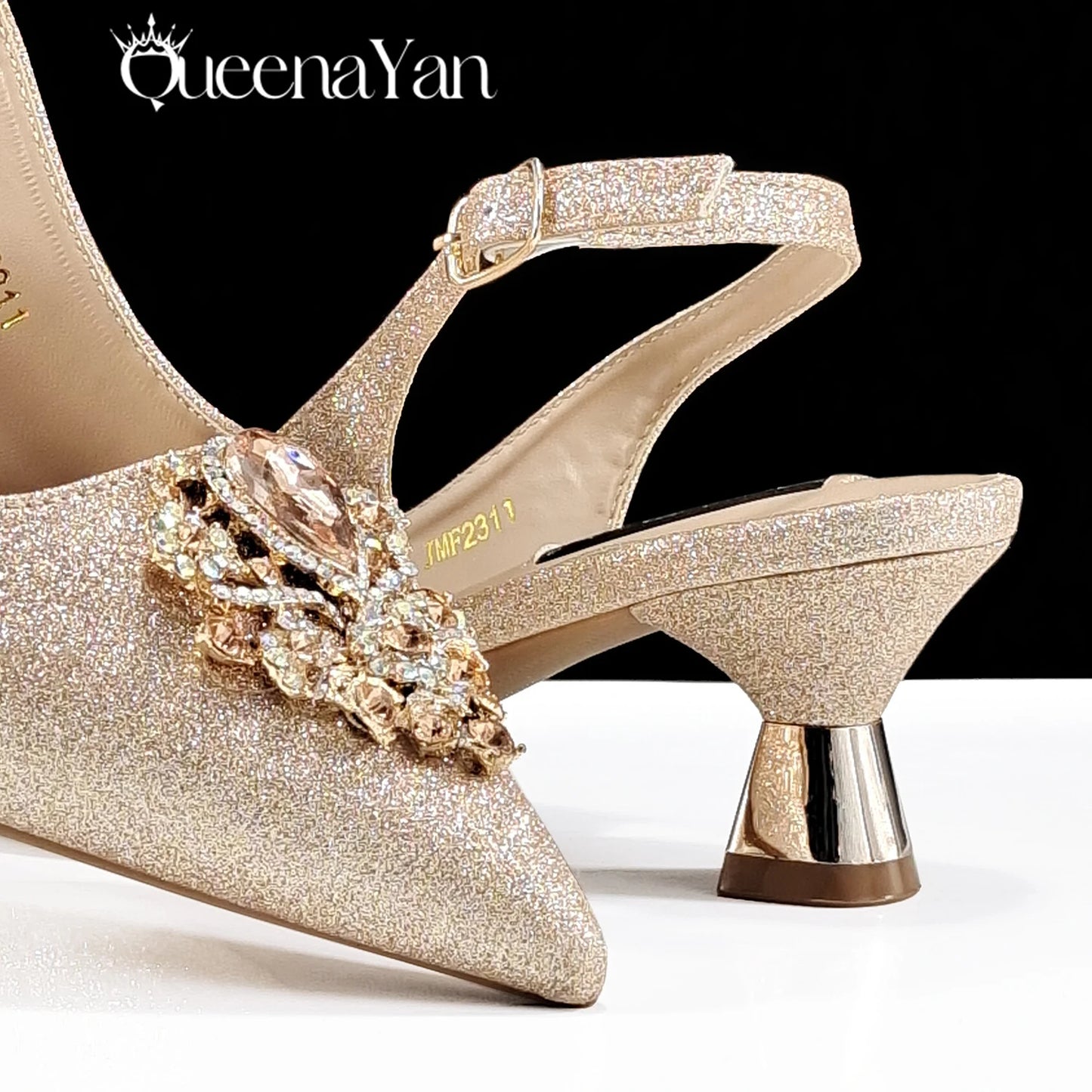 Italian Design Peach Color Pointed Toe Shoe & Bag Set Rhinestone Luxury  Women's High Heels for Parties By QSGFC