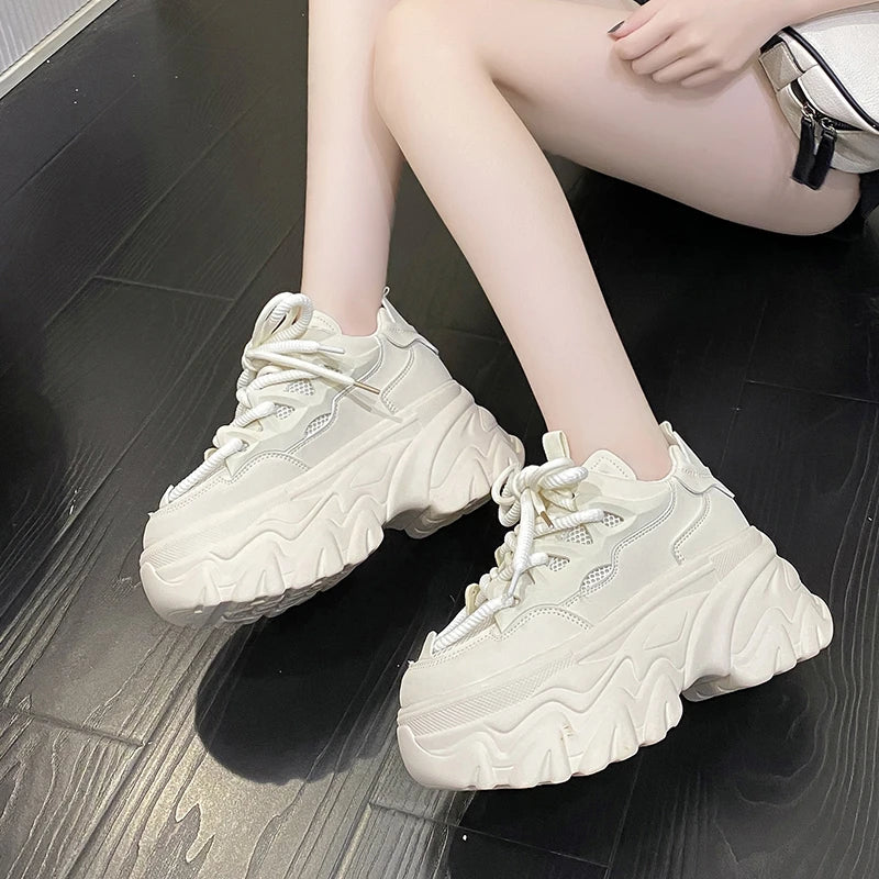 Hidden Heels White Chunky Sneakers Women Breathable Lace Up High Platform Shoes Woman 2025 Autumn Non-Slip Thick Bottom Sneakers