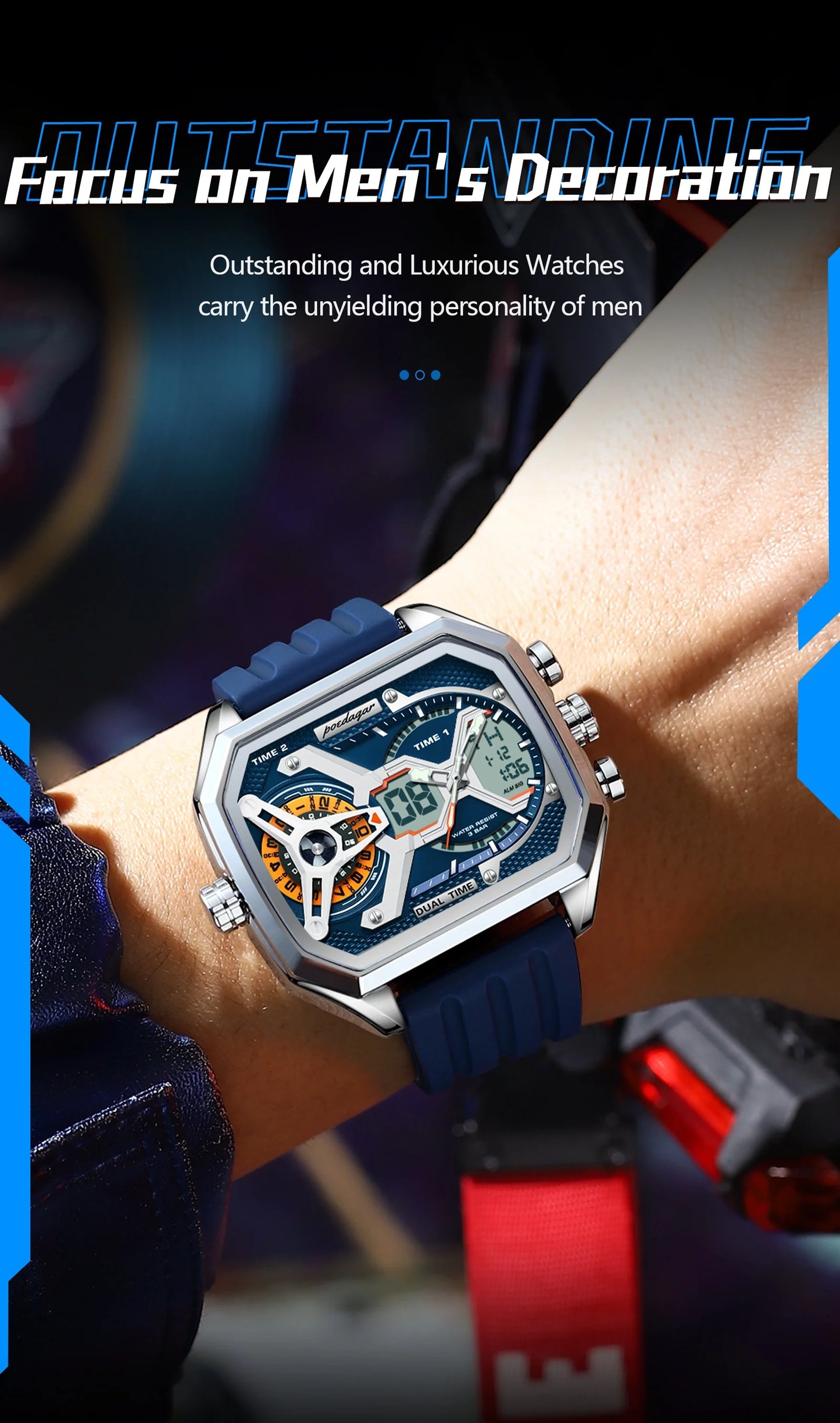 POEDAGAR Top Luxury Men Clock Date Week Luminous LED Man Watch Silicone Strap Electronic Dual Time Fashion Men's Quartz Watches