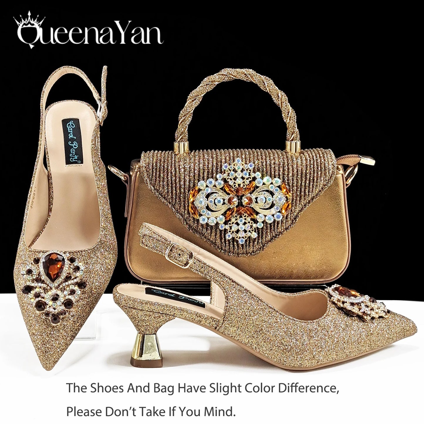 Italian Design Peach Color Pointed Toe Shoe & Bag Set Rhinestone Luxury  Women's High Heels for Parties By QSGFC
