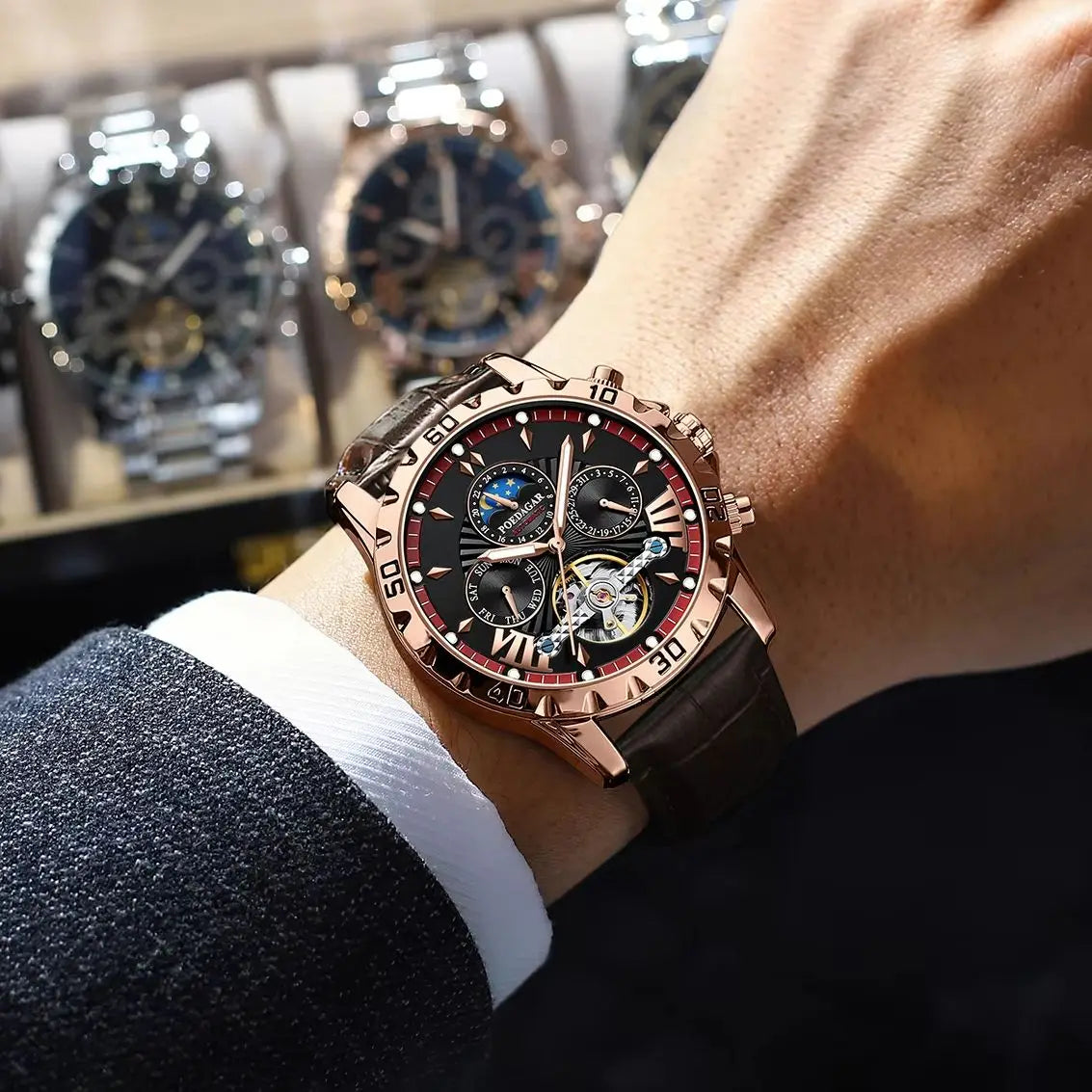 POEDAGAR Luxury Automatic Mechanical Wristwatch Waterproof Luminous Date Week Tourbillon Leather Men Watch Men's Fashion Watches