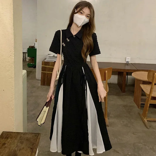 Plus Size New Chinese Style Dress Women's Clothing Summer New Solid Colors Short Sleeves Spliced Long Dress Women's Plus Size...